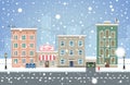 Winter cityscape. Snowfall in small town vector illustration. Royalty Free Stock Photo