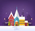 Winter cityscape or urban landscape with buildings or houses and festive street decorations in snowy evening. Small city Royalty Free Stock Photo