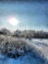 A winter clear day, a rural landscape with a rustic garden cover