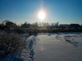 A winter clear day, a rural landscape with a rustic garden covered with snow. frozen branches of trees. in the background are seen Royalty Free Stock Photo