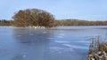 In winter, in clear and frosty weather, smooth and even ice formed on the lake. Snow lies on the shore and on tree branches. Coast