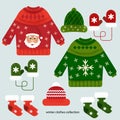 Winter Clothes and Accessories Collection. knitted hat, socks, knit gloves, sweater in Christmas style Red and Green color