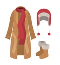 Winter clothes coat and scarf and wool cap and boots in colorful silhouette over white background