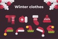 Winter clothes collection. Christmas party items flat illustration