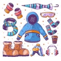 Winter clothes and essentials hand drawn doodle fullcolor