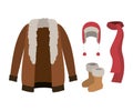 Winter clothes with fur coat and scarf and wool cap and boots over white background