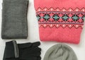 Winter clothes colored wool. Collar, gloves, hat, sweater
