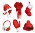 Winter clothes. Knitted hat. Christmas sock. Scarf. Mitten. Earmuffs. 3d vector icon Royalty Free Stock Photo