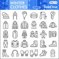 Winter clothes line icon set, outdoor clothing symbols collection or sketches. Cold weather activewear linear style Royalty Free Stock Photo