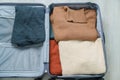 winter clothes in luggage. Time to travel, trip, Relax, spring or autumn or winter season and vacation concepts