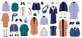 Winter clothes set. Cartoon winter wardrobe with casual and elegant clothing, male and female cold weather outfits Royalty Free Stock Photo