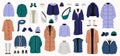 Winter clothes set. Cartoon winter wardrobe with casual and elegant clothing, male and female cold weather outfits. Vector winter Royalty Free Stock Photo