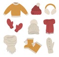 Winter clothes set. Collection of vector clothing items for cold weather. Flat illustration of knitted warm sweater, hats, gloves Royalty Free Stock Photo