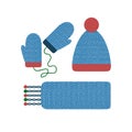 Winter clothes set. Warm knitted clothing, accessories. Winter mittens, scarf, cap, hat, beanie. Cold weather cloth