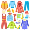 Winter clothes vector warm clothing sweater or coat with scarf and hat in wintertime illustration set of boot and Royalty Free Stock Photo