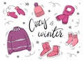 Winter clothes and warm accessories banner. Cozy winter banner. Hand drawn vector warm clothes in doodle style