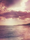 Vintage style seascape with dramatic stormy clouds and a flying seagull over the beach Royalty Free Stock Photo