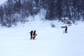 Winter cloudy day, winter sports lovers are engaged in their favorite hobby of conquering the slopes on the mountain slope in the