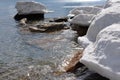 Winter coast of the Black Sea on a clear frosty day. Stones in the water. Royalty Free Stock Photo