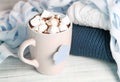 Winter cocoa marshmallow mug knitted sweater on wooden background.