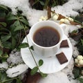 Winter coffee: white cup with black coffee and a saucer with chunks of chocolate