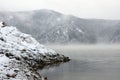 Winter cold foggy dawn on the Yenisei river Royalty Free Stock Photo