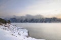 Winter cold foggy dawn on the Yenisei river Royalty Free Stock Photo