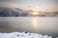 Winter cold foggy dawn on the Yenisei river Royalty Free Stock Photo