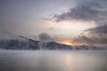 Winter cold foggy dawn on the Yenisei river Royalty Free Stock Photo