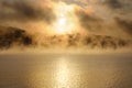 Winter cold foggy dawn on the Yenisei river Royalty Free Stock Photo