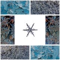 Winter collage of macro photos of snowflakes on a white background and frosty patterns on glass