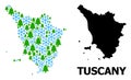 Winter Collage Map of Tuscany Region with Snow Flakes and Fir-Trees