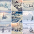 Winter collage with 9 square Christmas landscapes. Royalty Free Stock Photo