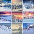 Winter collage with 9 square Christmas landscapes. Royalty Free Stock Photo