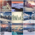 Winter collage with 9 square Christmas landscapes. Royalty Free Stock Photo