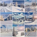 Winter collage with 9 square Christmas landscapes.