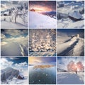 Winter collage with 9 square Christmas landscapes. Royalty Free Stock Photo