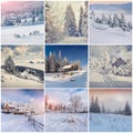 Winter collage with 9 square Christmas landscapes.