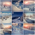 Winter collage with 9 square Christmas landscapes.