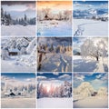 Winter collage with 9 square Christmas landscapes. Royalty Free Stock Photo