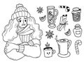 Winter collection. Unhappy girl freezing wearing and shivering. Nearby is hot wine, kettle of boiling water, cup