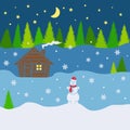 Winter color vector background with forest, house, snowman.