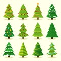 Winter colorful cartoon Christmas tree vector set