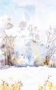 Winter colorful landscape of snowy forest. Hand drawn watercolor illustration