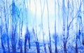 Winter colorful landscape of snowy forest. Hand drawn watercolor illustration