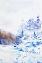 Winter colorful landscape of snowy forest. Hand drawn watercolor illustration