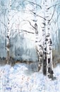 Winter colorful landscape of snowy forest. Hand drawn watercolor illustration