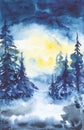 Winter colorful landscape of snowy forest. Hand drawn watercolor illustration