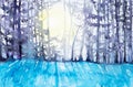 Winter colorful landscape of snowy forest. Hand drawn watercolor illustration