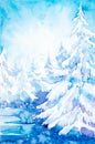 Winter colorful snow forest landscape with Christmas trees. Hand drawn watercolor illustration
